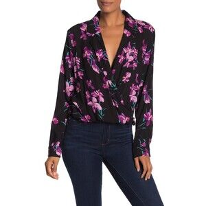 Free Press Notch Collar Surplice Long Sleeve Blouse In Black Multi Floral Size M